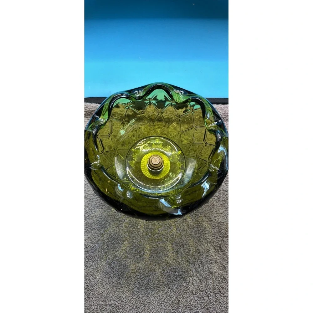 Vintage Green Pressed Glass Diamond Pattern Pedestal Bowl Round Scalloped Rim